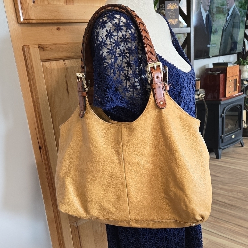 B Makowsky Elegant Tan Leather Tote Bag Hobo Bag With Braided Handles Footed